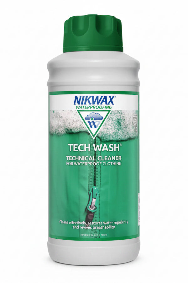 A bottle of Nikwax Tech Wash Technical Cleaner for waterproof clothing, featuring a white bottle with a green cap and a green and white label.