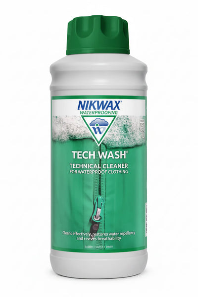 A bottle of Nikwax Tech Wash Technical Cleaner for waterproof clothing, featuring a white bottle with a green cap and a green and white label.