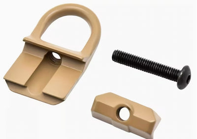 Tan metal D-ring and black screw on a white background