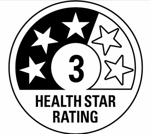Three-star health rating symbol with the number 3 and 'HEALTH STAR RATING' text.