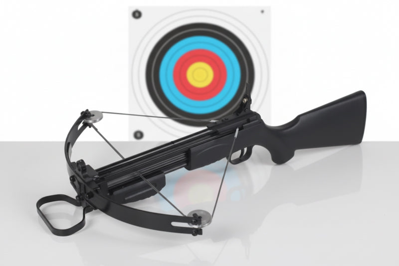 Black crossbow with a target in the background on a white surface