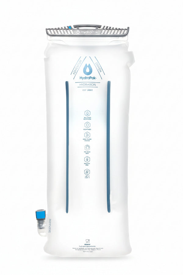 A white HydroPack hydration reservoir with blue printed graphics and a small blue cap, shown on a plain white background.