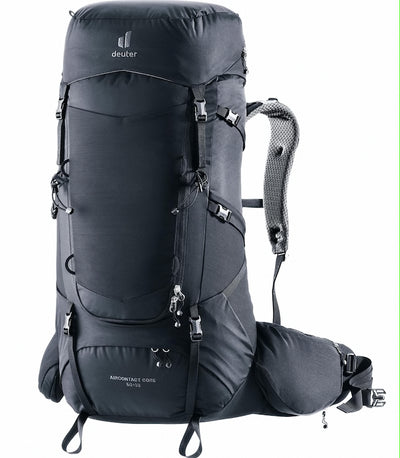 Black hiking backpack with visible brand logo on a white background