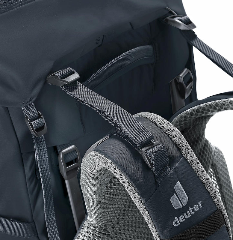 Close-up of a black backpack with visible Deuter logo on a white background