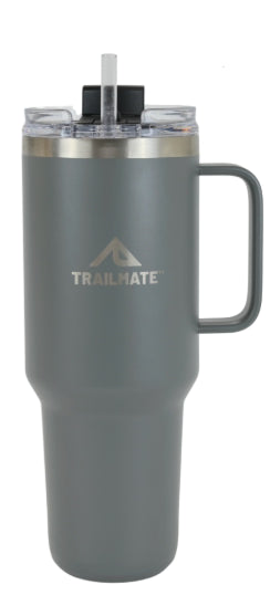 Gray insulated mug with handle and straw lid on a white background, featuring 'Trailmate' branding.