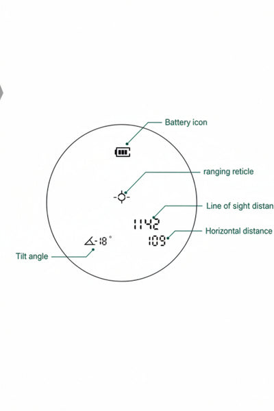 A technical diagram of a circular electronic device, likely a laser rangefinder, with labeled callouts pointing to its internal components and screen indicators, including 'Battery icon', 'ranging reticle', 'Line of sight distance', 'Horizontal distance', and 'Tilt angle'.