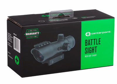 Centerpoint Battle Sight red dot sight retail packaging box, featuring a black and bright green design with a photo of the sight on the front.