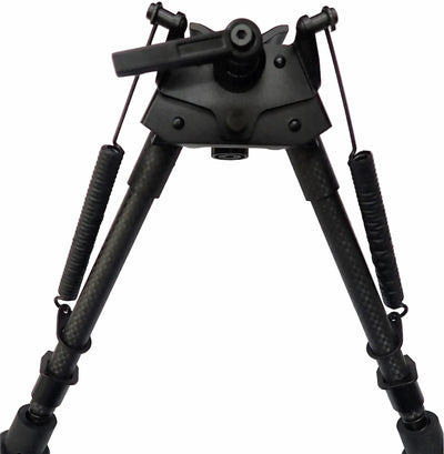 Black carbon fiber tripod with a quick-release head and leg springs, shown against a solid white background.