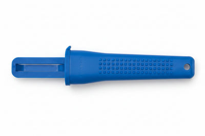 A blue textured plastic handle with a rectangular slot on one end and a small hanging hole on the other, photographed on a plain white background.