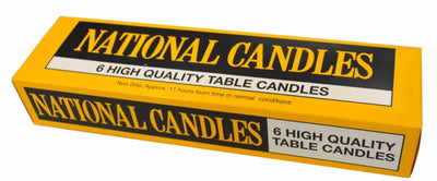 A yellow and black box of National Candles containing 6 high quality table candles, shown on a plain white background.