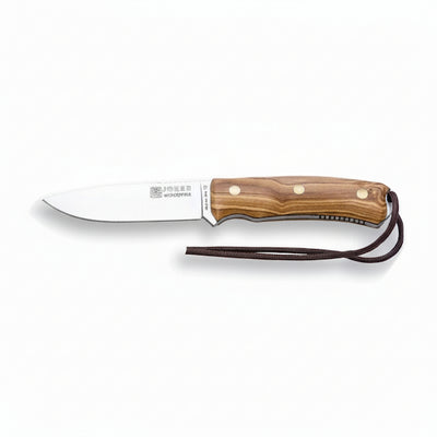 A fixed-blade knife with a silver steel blade and a brown wood-grain handle, featuring brass rivets and a dark brown lanyard, shown on a white background.