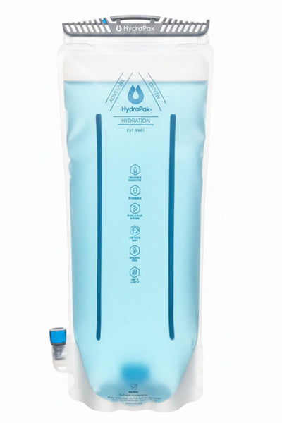 A HydroPak hydration water bag filled with light blue liquid, featuring a clear top cap, printed measurement markings, and a small blue connector at the bottom left, shown on a white background.