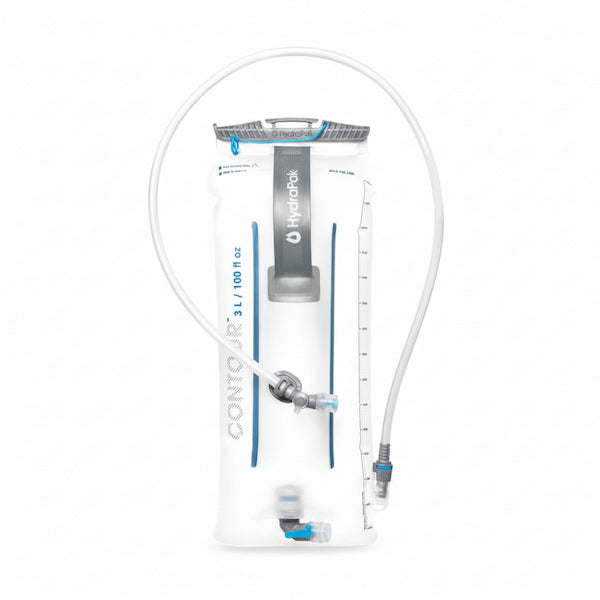 Hydrock Contour 3L / 100 fl oz hydration bladder in white with blue and gray accents, featuring a transparent drinking tube and a measurement scale on the side, shown on a white background.