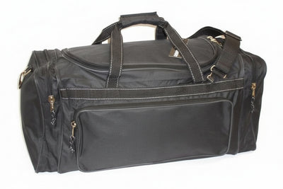 A black nylon duffel bag with multiple zippered pockets, dual top handles, and a detachable shoulder strap, shown against a plain white background.