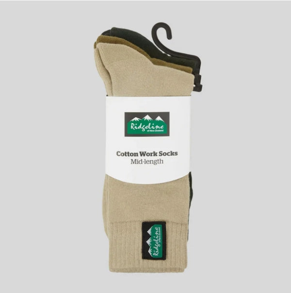 Ridgeline Cotton Work Socks Mid Length (Pack of 3)