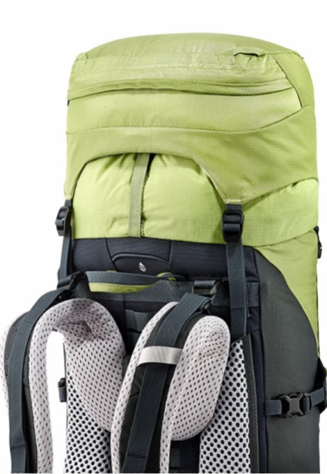A close-up of a hiking backpack showing the top compartment, compression straps, and padded mesh back support in lime green, black, and gray.
