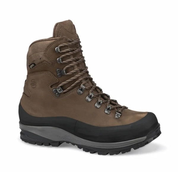 Brown hiking boot with black sole on a white background