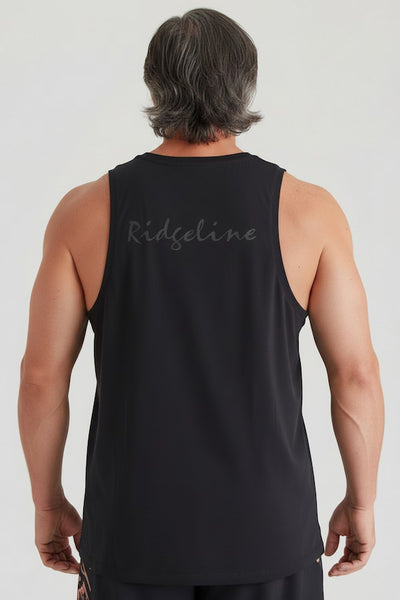 Person wearing a black tank top with 'Ridgeline' branding on the back against a white background