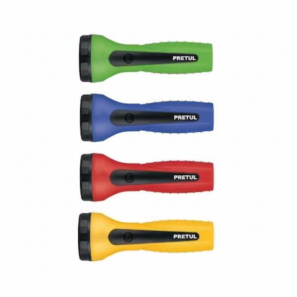 Four colorful flashlights with 'PRETUL' branding on a white background