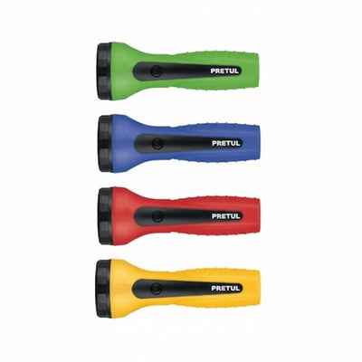 Four colorful flashlights with 'PRETUL' branding on a white background