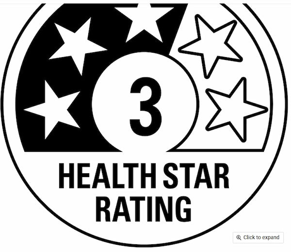 Three-star health rating icon with the number 3 and 'HEALTH STAR RATING' text.