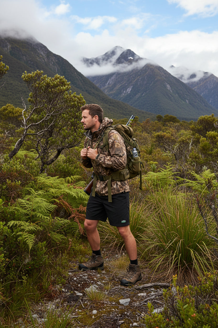 Man hiking in a mountainous forested area with a backpack