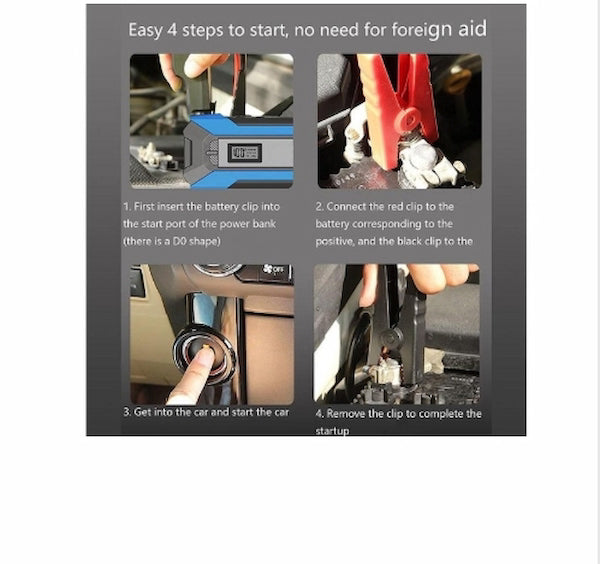 Instructions for using a car jump starter with images and text.