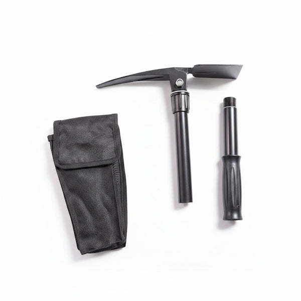 A black tactical pickhead axe with a textured black nylon sheath and a separate black handle, displayed on a clean white background.