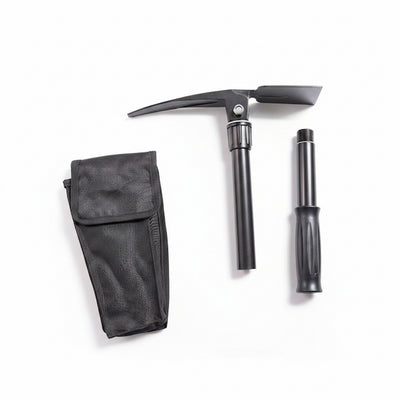 A black tactical pickhead axe with a textured black nylon sheath and a separate black handle, displayed on a clean white background.
