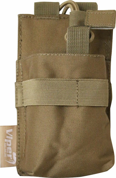 Brown tactical pouch with Velcro straps on a beige background