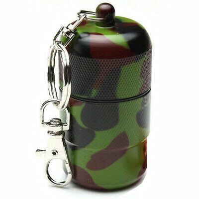 Camouflage-patterned container with a keychain on a white background