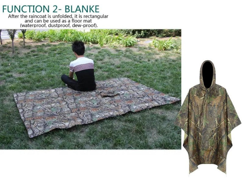 Rectangular raincoat used as a floor mat on grass with camouflage design