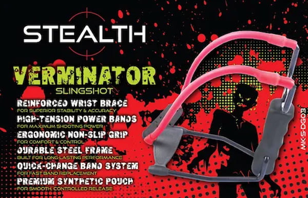 Stealth Verminator slingshot with red and black design on a dark background