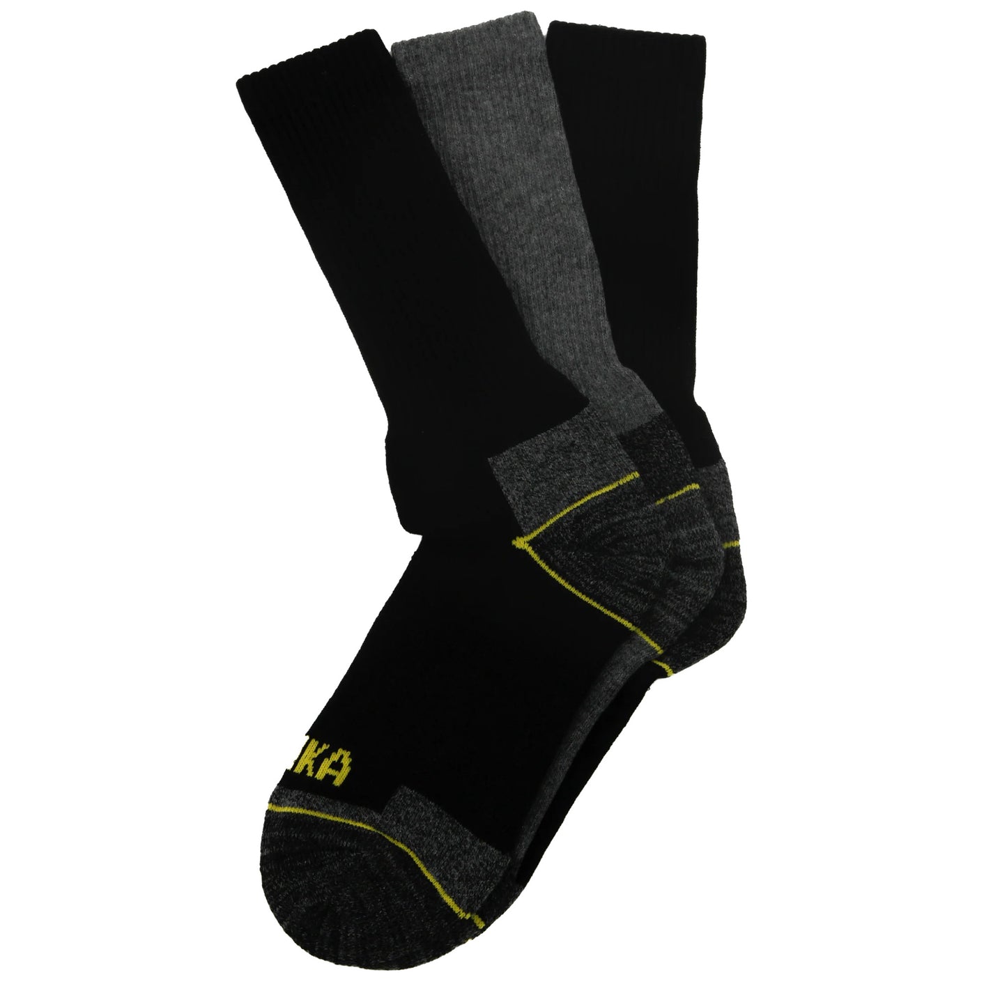3 pack of black socks with yellow trim