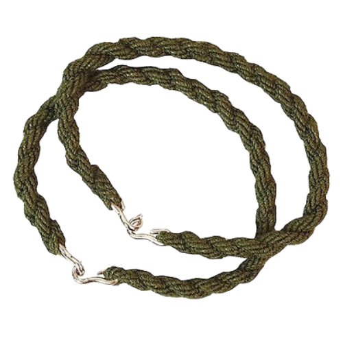 A set of two green twisted elastic bands with metal hooks, designed to be worn around the ankles of combat trousers.
