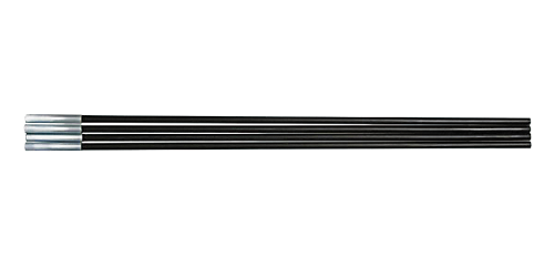 A black fibreglass tent pole with metal ends and a shock cord attachment.