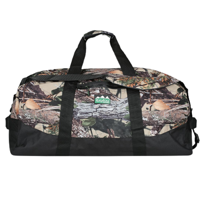 A camouflage fabric gear bag with multiple handles and a side zipper pocket.