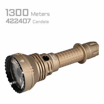 Tan flashlight with specifications on a white background