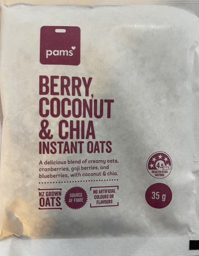 Pams Berry, Coconut & Chia Instant Oats package on a white background