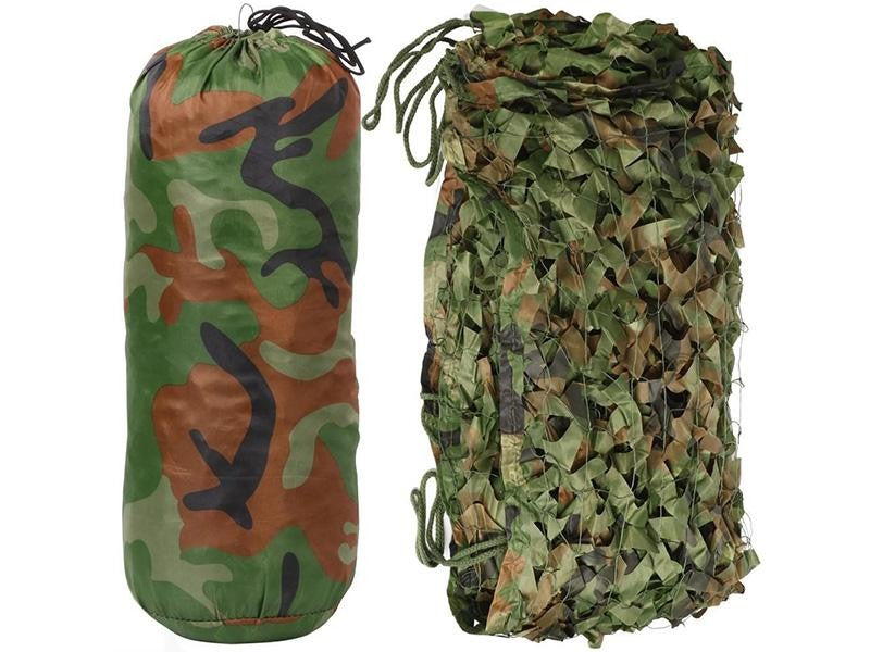 Camouflage netting with drawstring packaging on a white background
