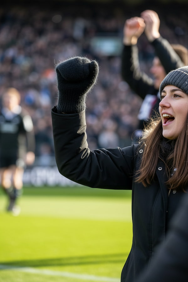 Person celebrating on a sports field with a crowd in the background