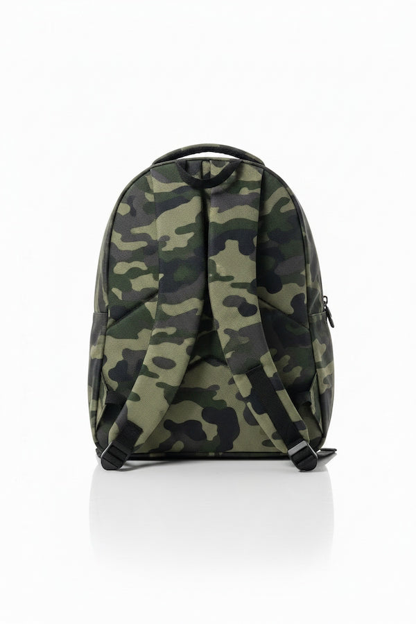 Camouflage-patterned backpack on a white background
