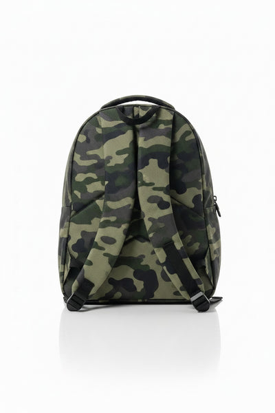 Camouflage-patterned backpack on a white background