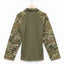 A long-sleeve tactical combat shirt shown from the back, featuring an olive green body and multicam camouflage sleeves with integrated elbow pads, hanging on a wooden hanger against a white background.