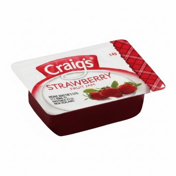Jar of Craig's Strawberry Fruit Jam with red and white packaging on a white background
