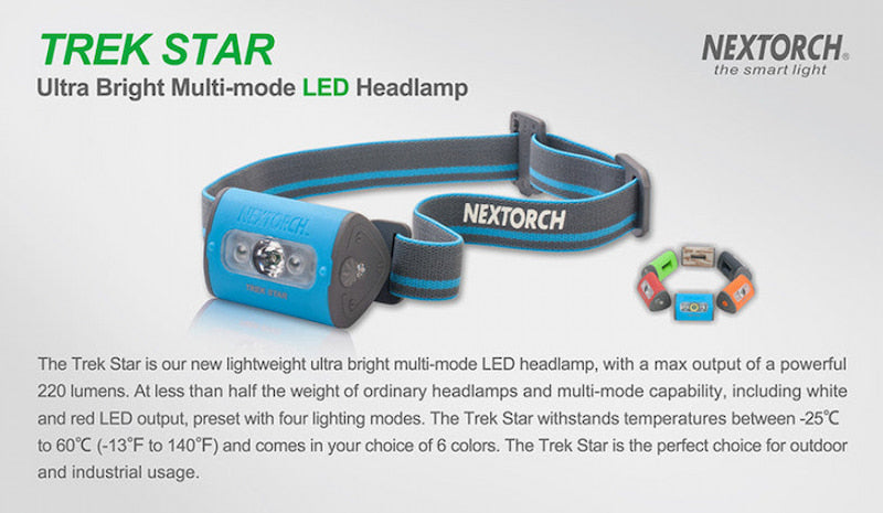 Nextorch Trek Star LED headlamp on a white background with product details.
