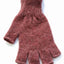 Knitted maroon fingerless gloves on a white background