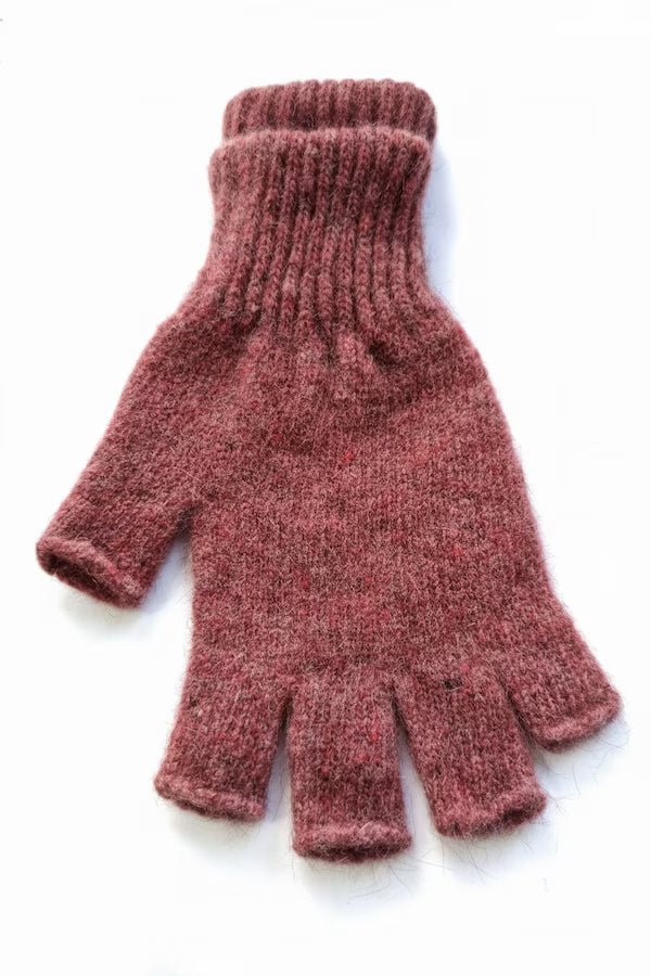 Knitted maroon fingerless gloves on a white background
