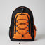 Orange and black backpack on a light gray background