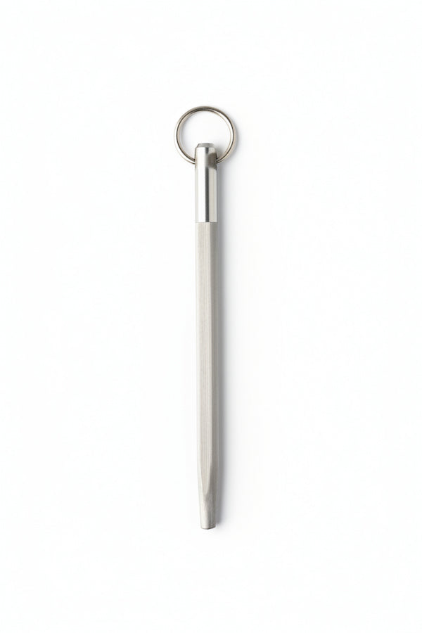 A slim, silver-toned metal keychain tool with a circular split ring, shown vertically on a plain white background.